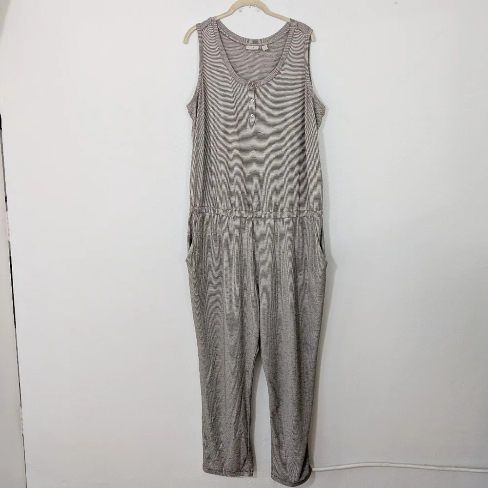 LOGO Lori Goldstein Striped Henley Sleeveless Jumpsuit Space Dye Beige Black 1X